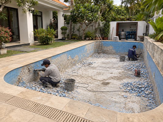 Tháo dỡ lớp gạch mosaic cũ trong bể bơi