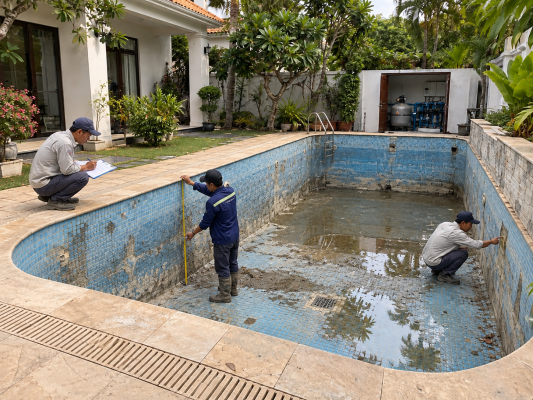 Khảo sát hiện trạng hồ bơi cũ trước khi sửa chữa